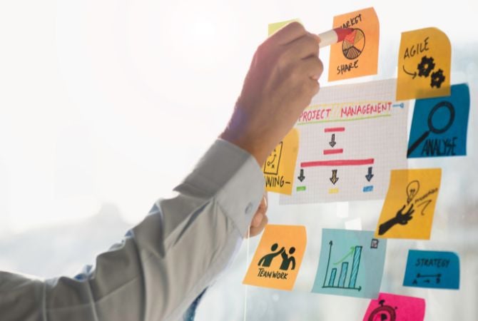 Una mano poneindo postit sobre un cristal